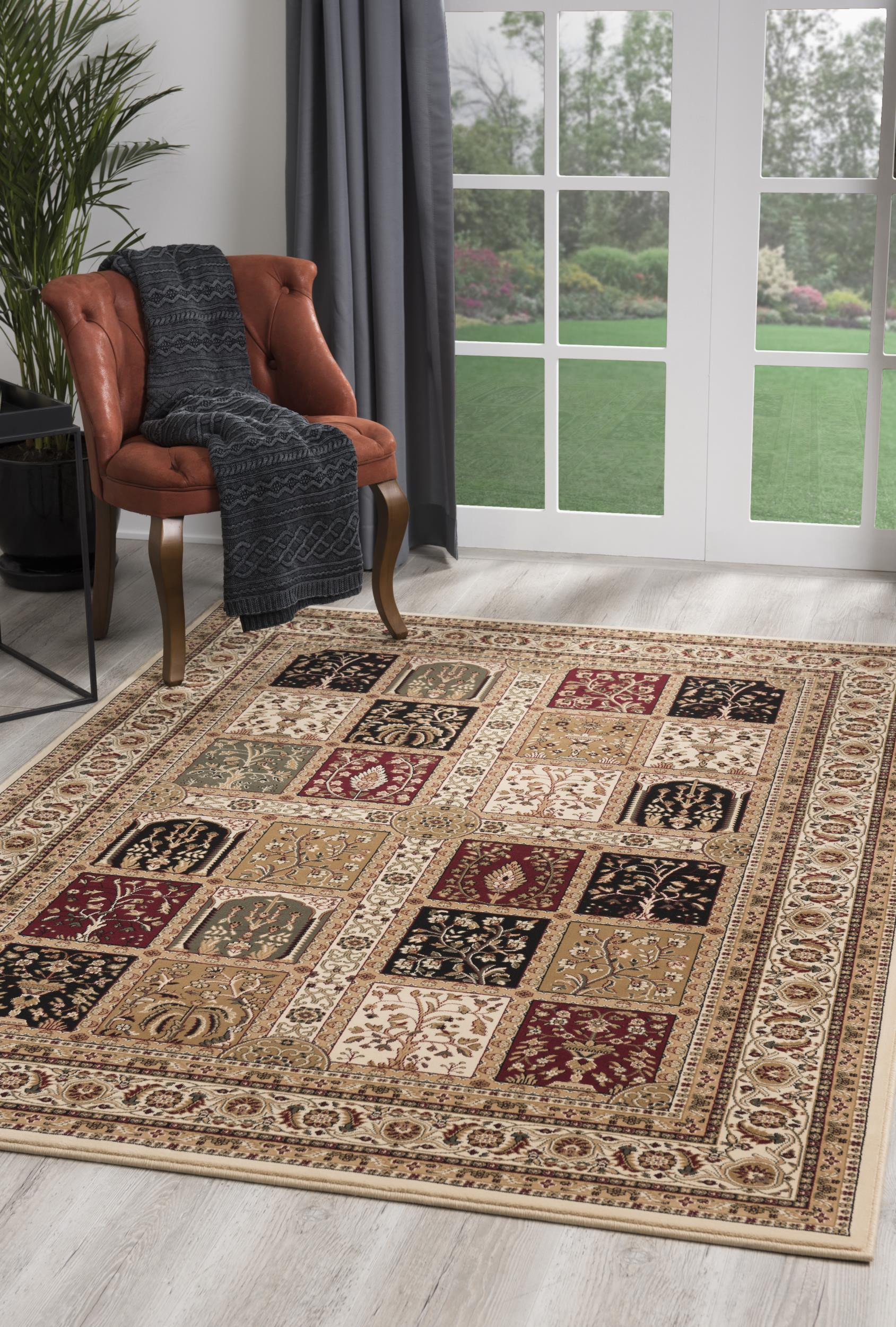 5" X 8" Beige and Black Oriental Power Loom Area Rug