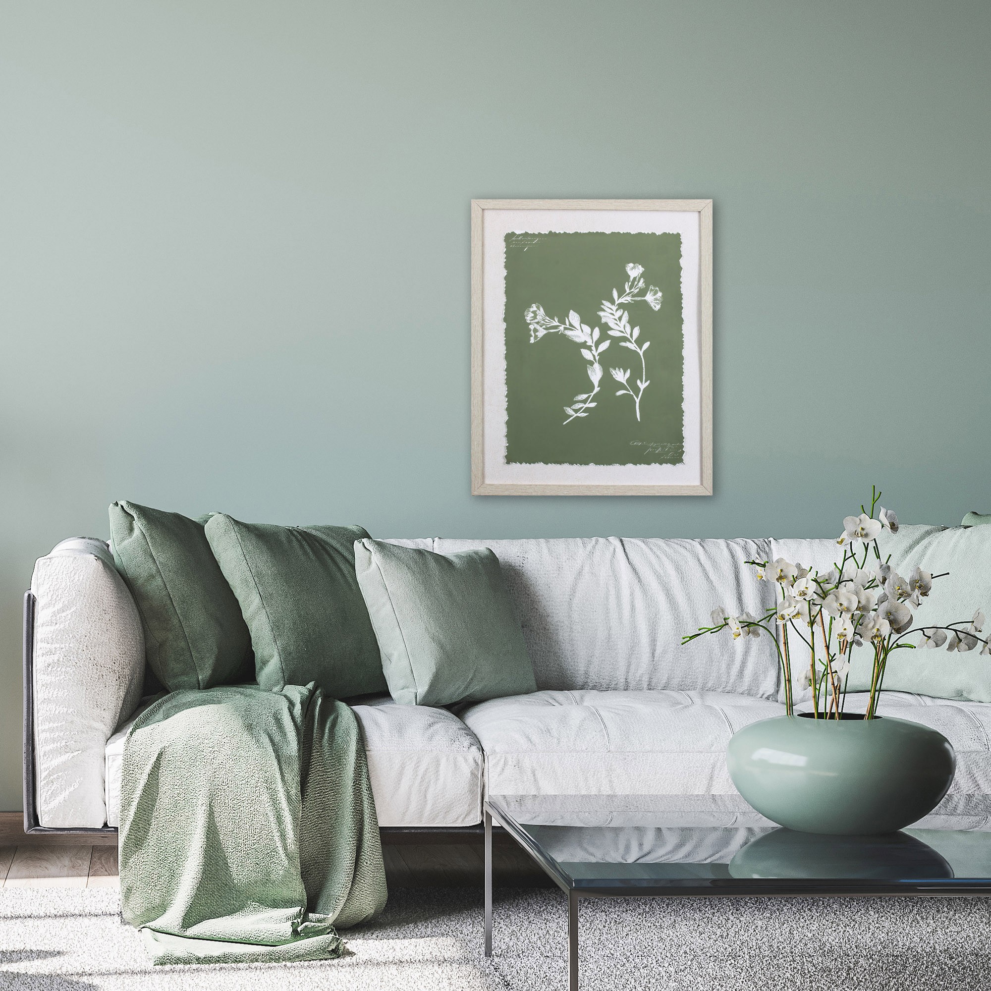 Moss Green and White Botanical Flowers 1 Wall Art