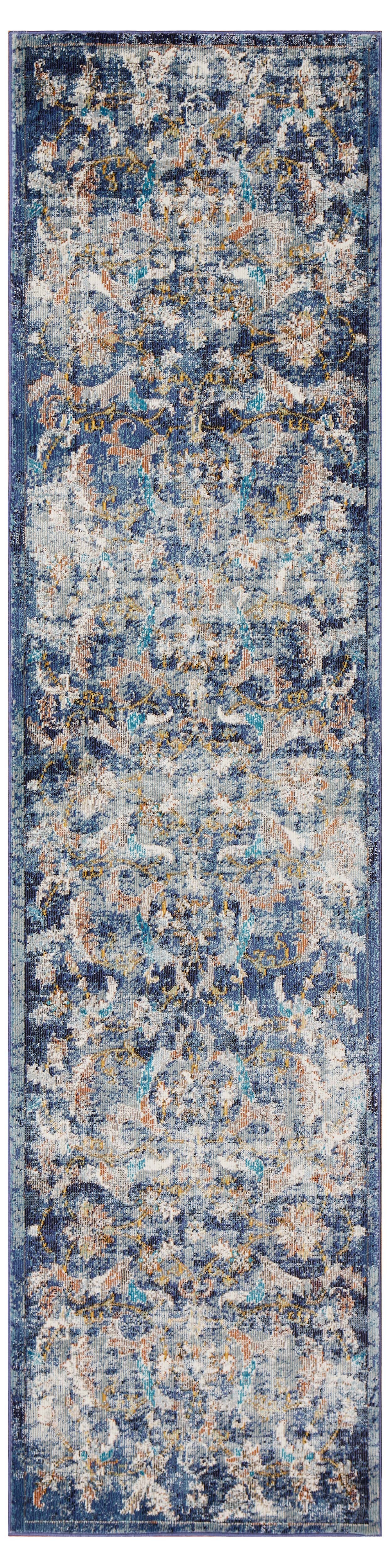 2" X 9" Blue and White Jacobean Pattern Runner Rug