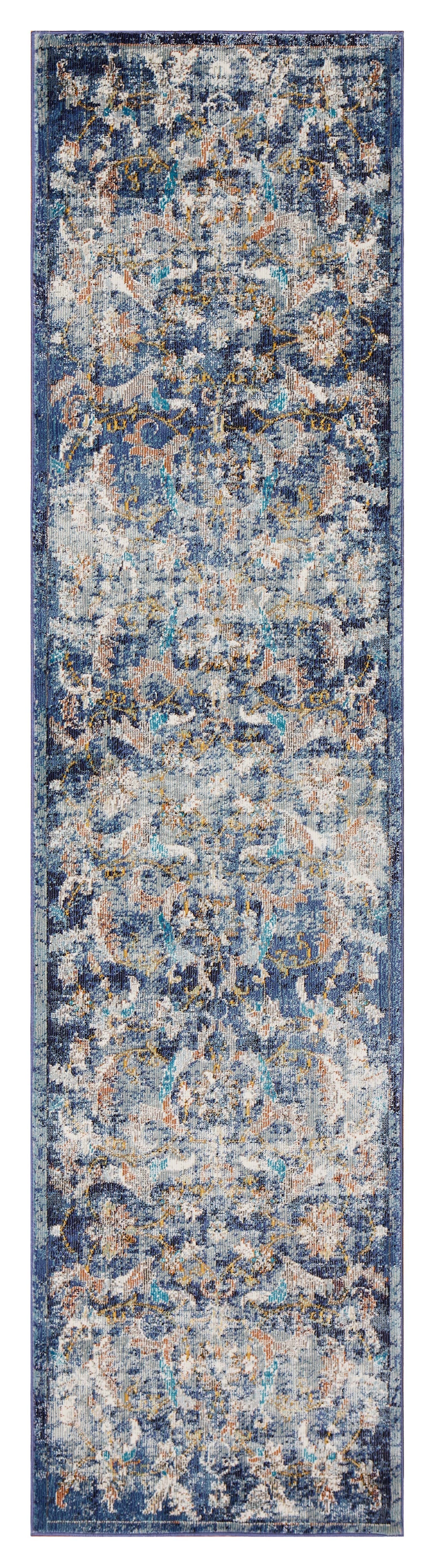 2" X 9" Blue and White Jacobean Pattern Runner Rug