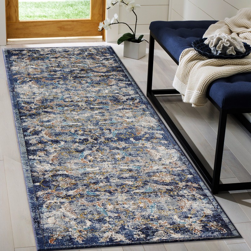 2" X 9" Blue and White Jacobean Pattern Runner Rug
