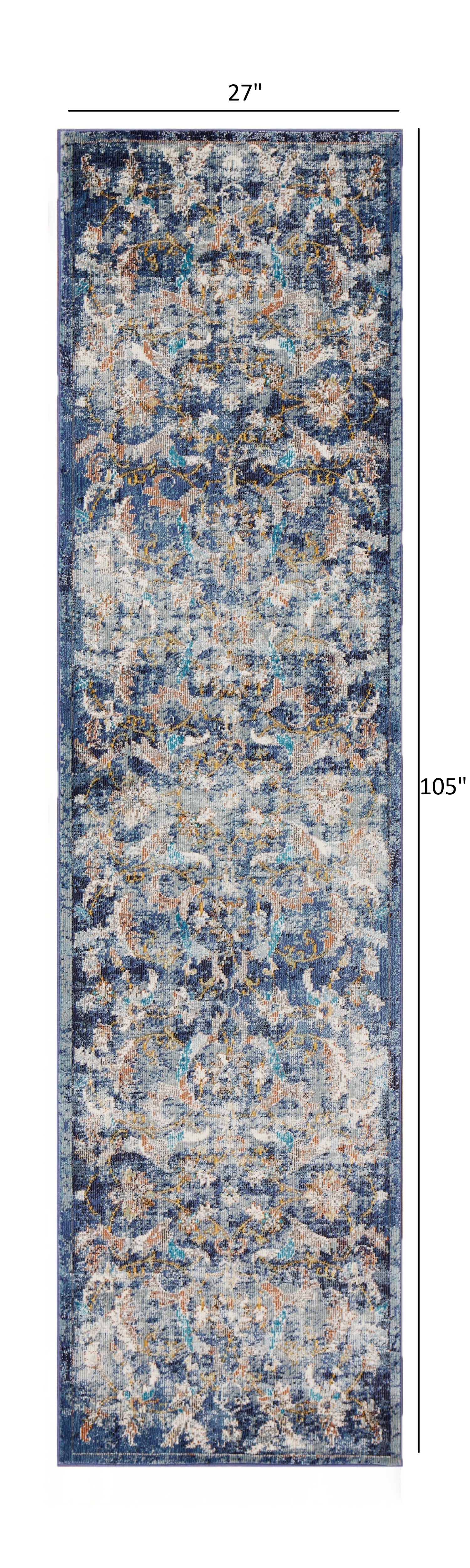 2" X 9" Blue and White Jacobean Pattern Runner Rug
