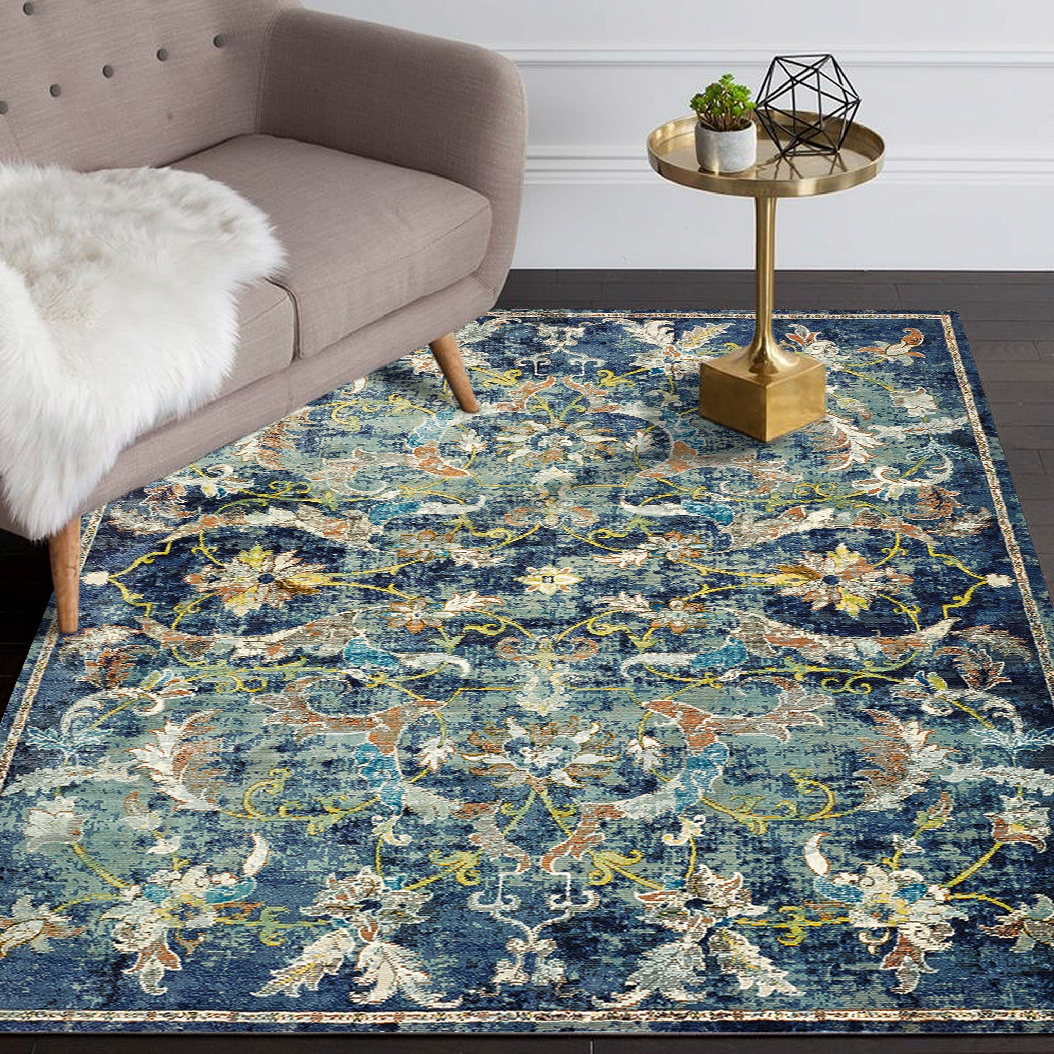 8" X 10" Blue and White Jacobean Pattern Area Rug