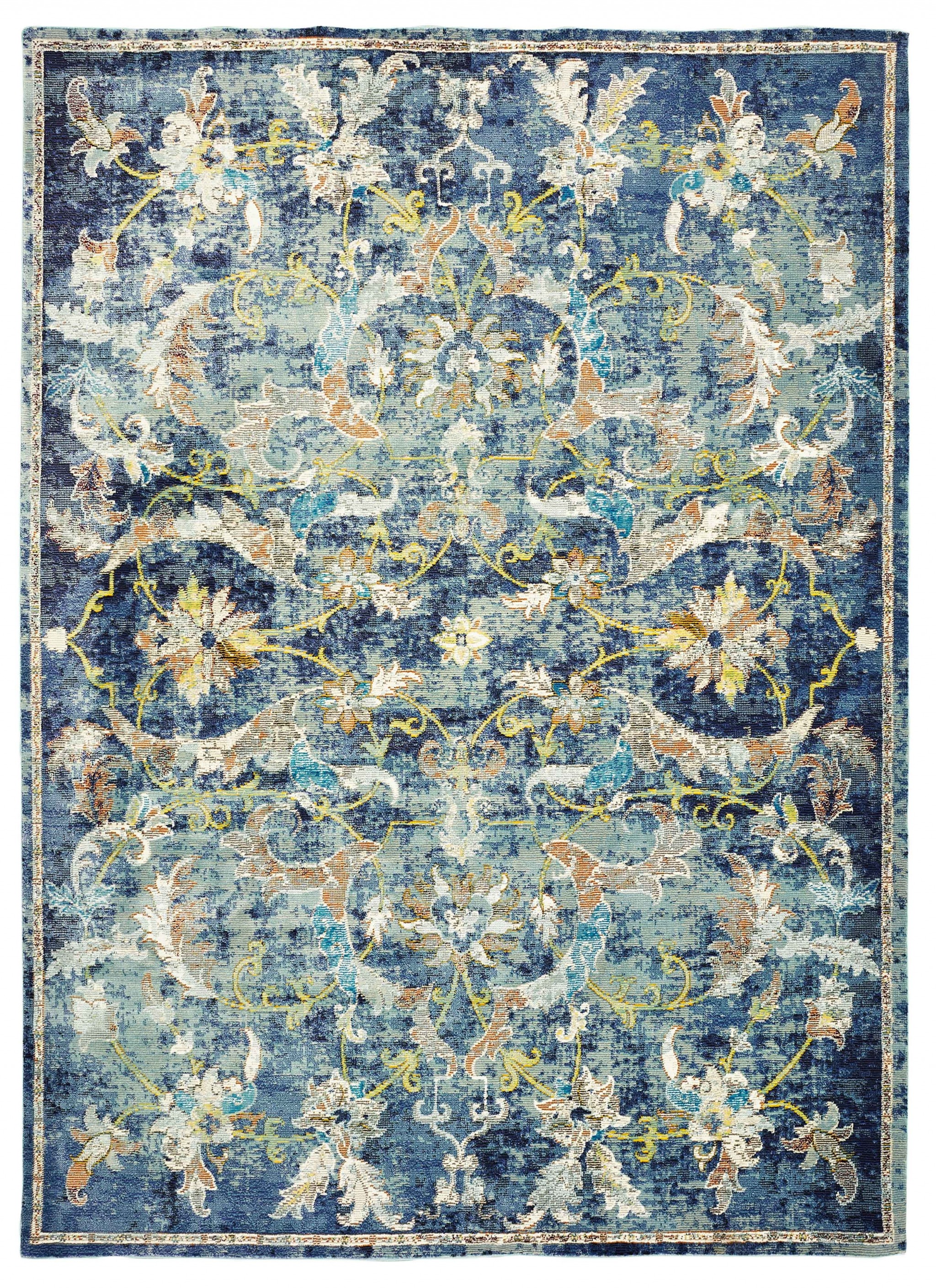 9" X 12" Blue and White Jacobean Pattern Area Rug