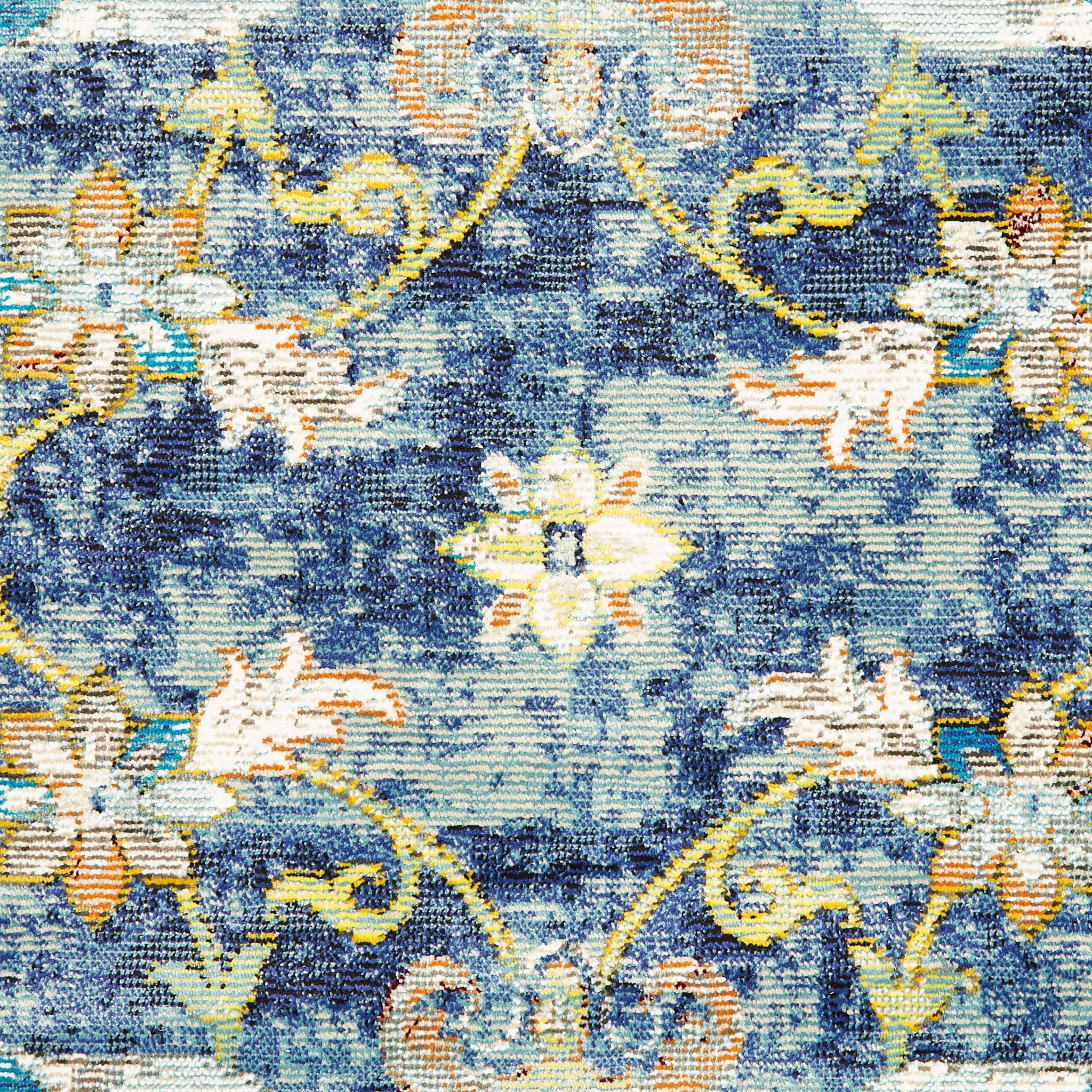9" X 12" Blue and White Jacobean Pattern Area Rug