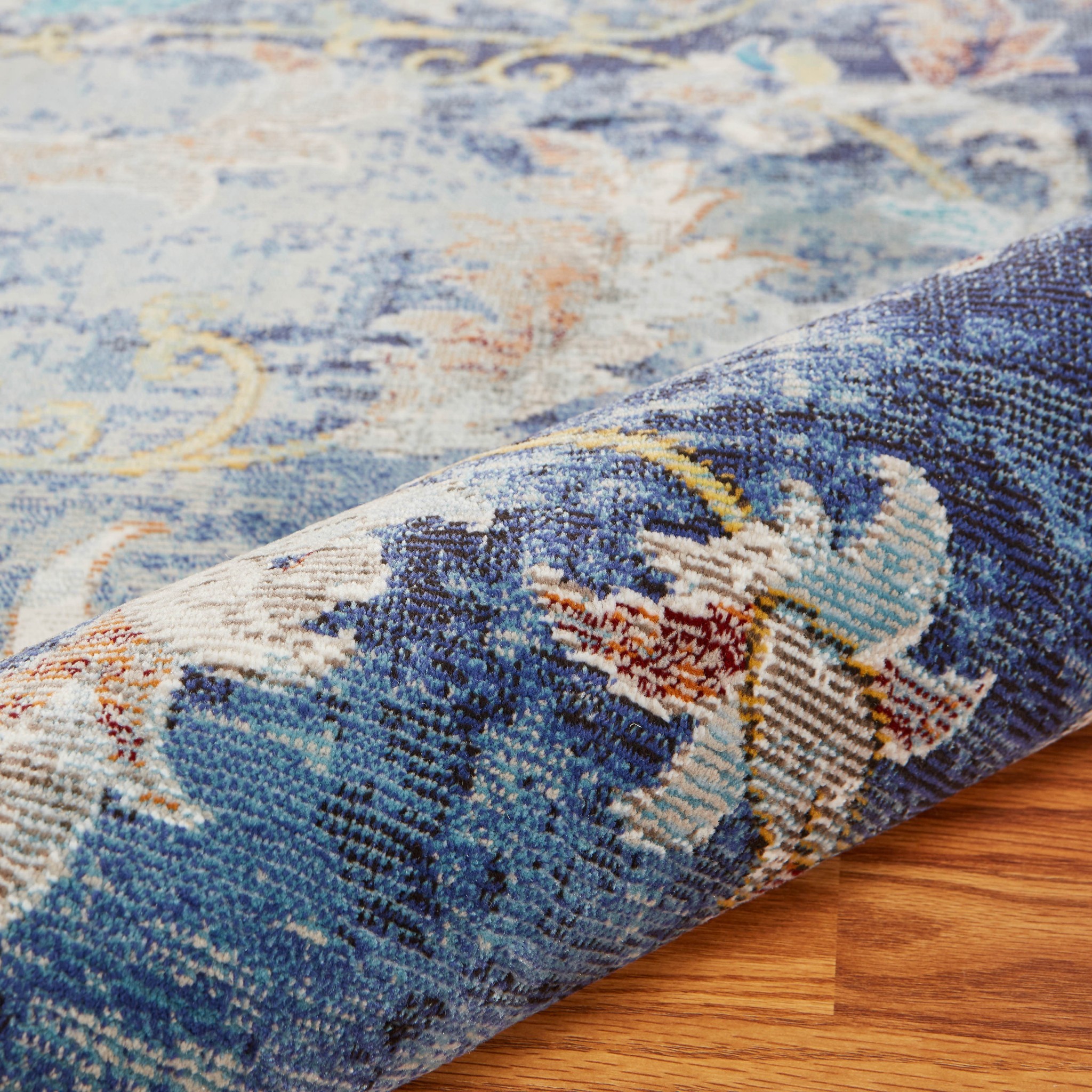 9" X 12" Blue and White Jacobean Pattern Area Rug