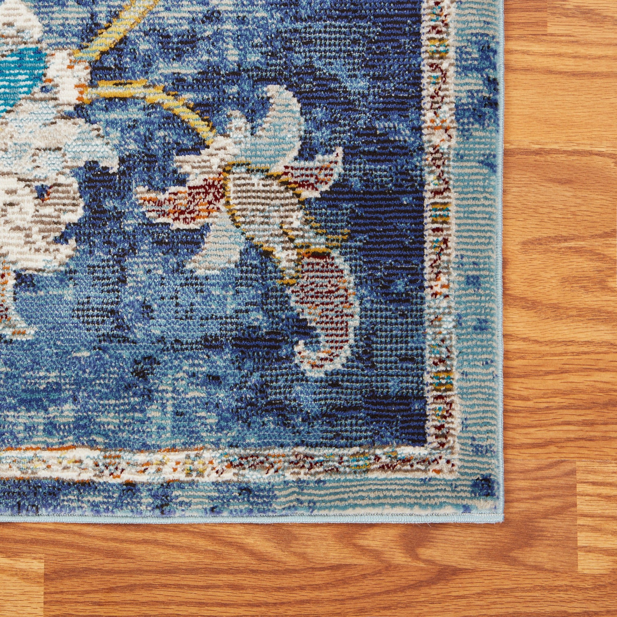 9" X 12" Blue and White Jacobean Pattern Area Rug