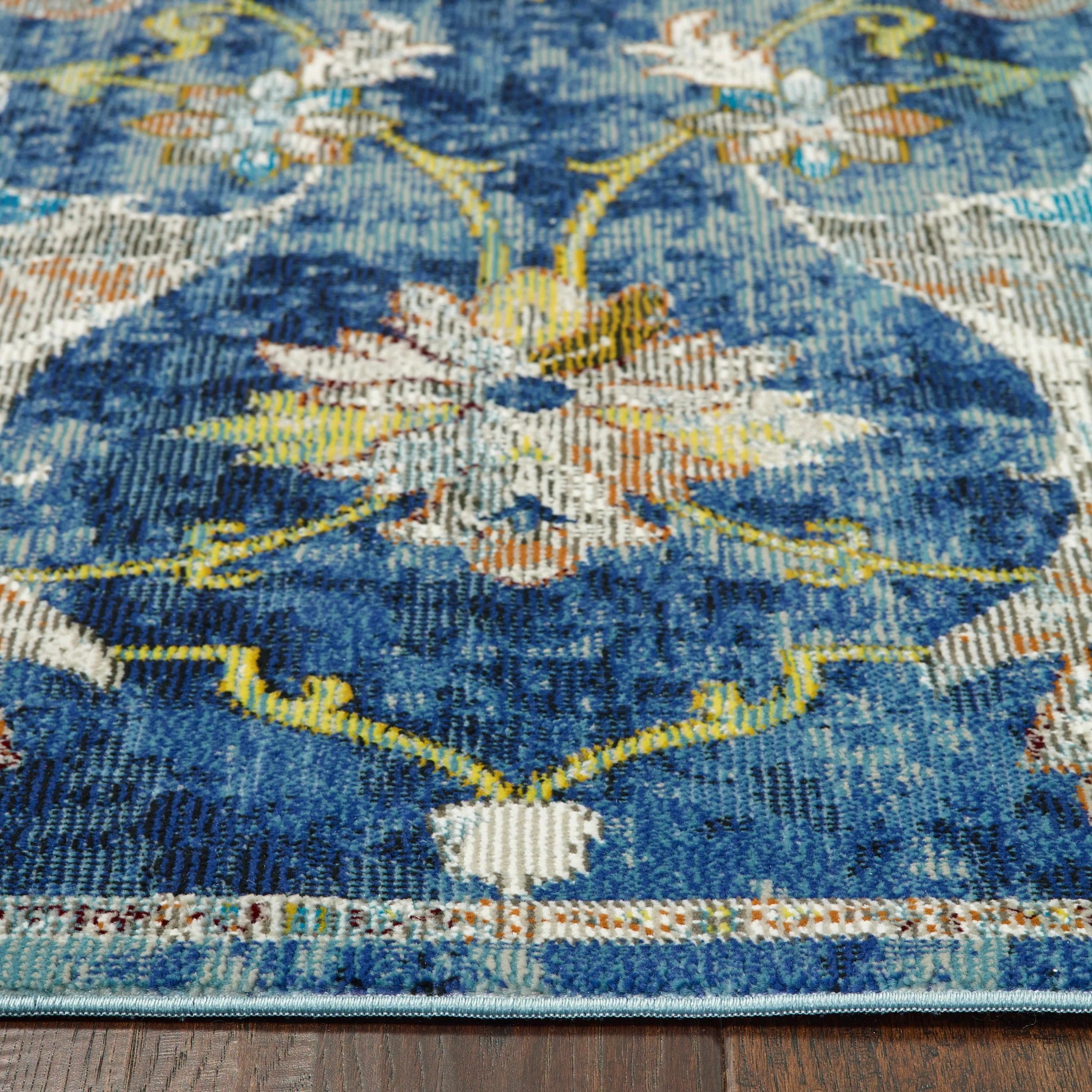 9" X 12" Blue and White Jacobean Pattern Area Rug
