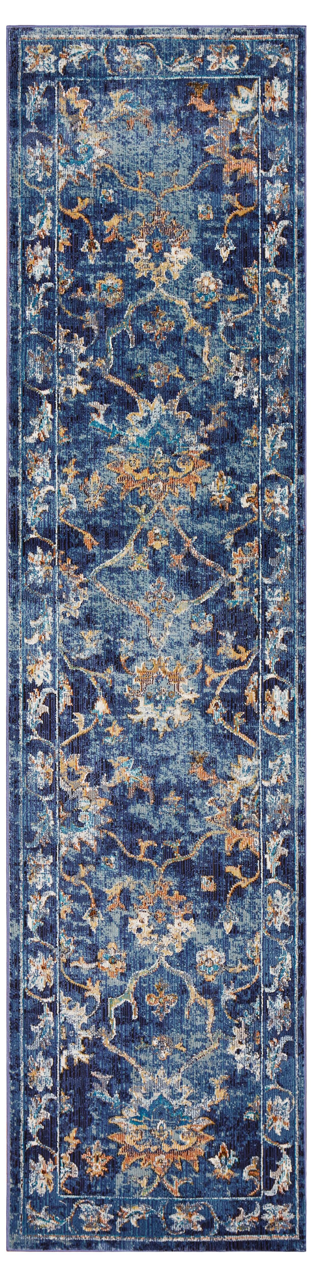 2’ x 9’ Blue and Gold Jacobean Runner Rug-395708-1