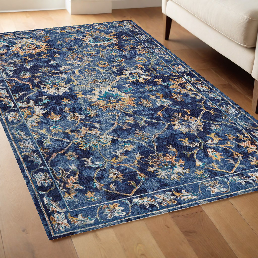4' X 6' Blue and Gold Jacobean Area Rug-395709-1