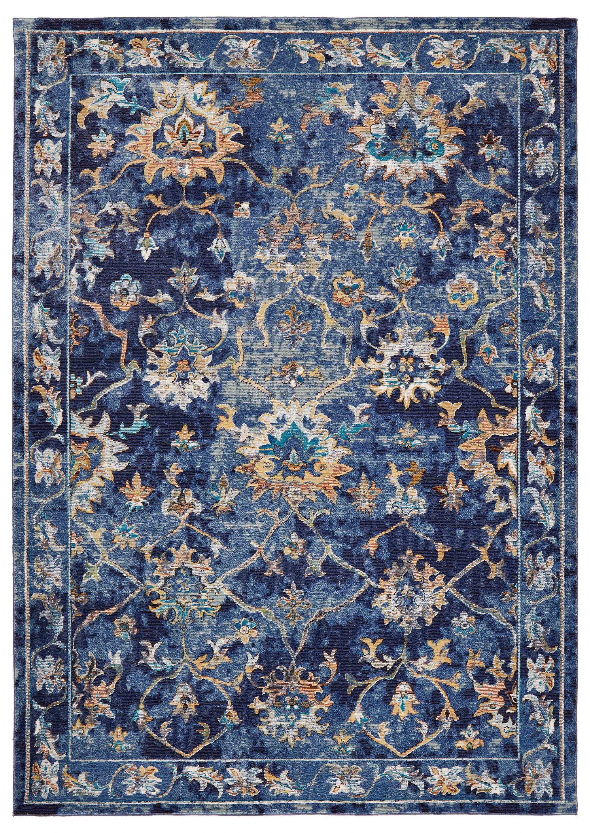 9" X 12" Blue Aqua and Gold Floral Distressed Area Rug