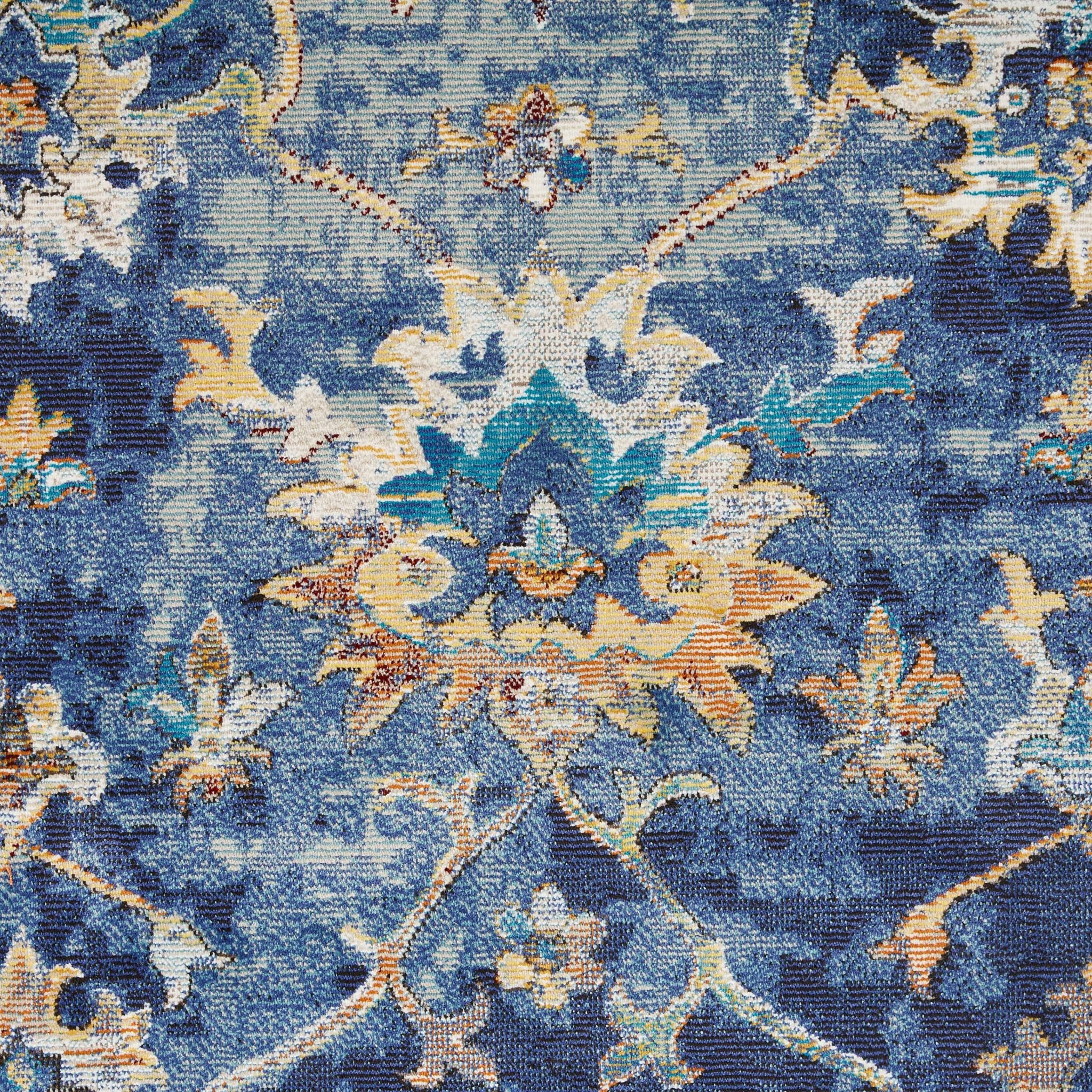 9" X 12" Blue Aqua and Gold Floral Distressed Area Rug
