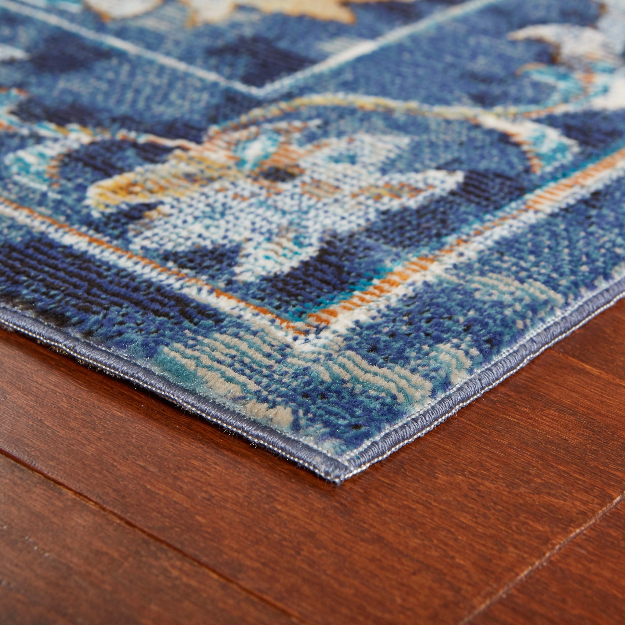9" X 12" Blue Aqua and Gold Floral Distressed Area Rug