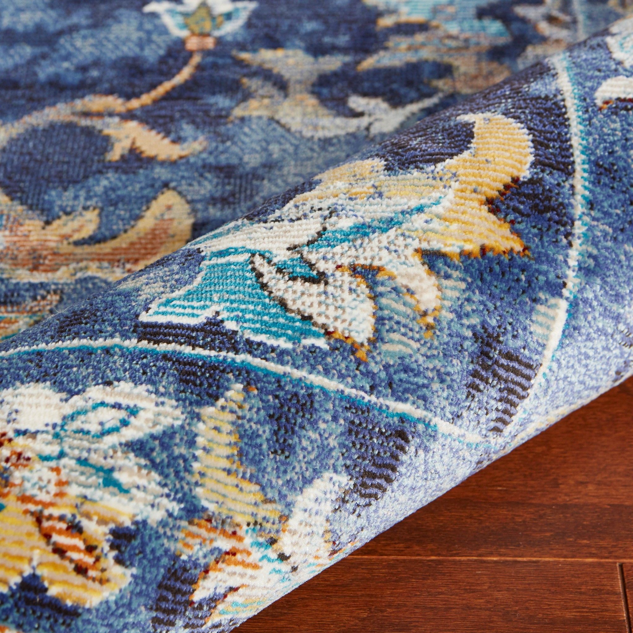 9" X 12" Blue Aqua and Gold Floral Distressed Area Rug