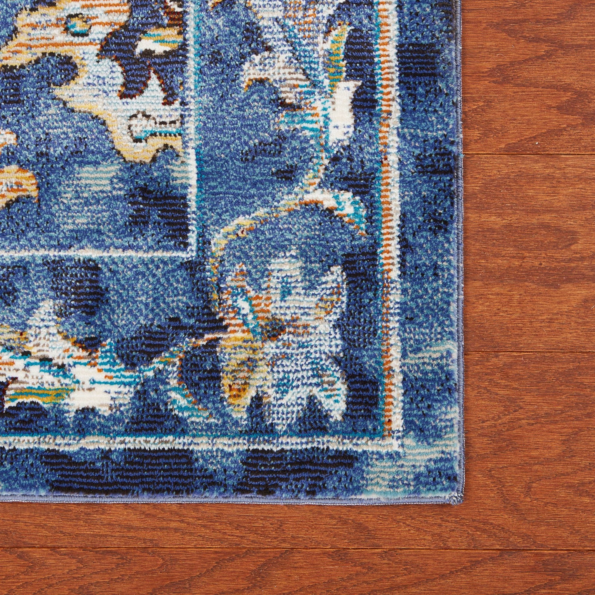 9" X 12" Blue Aqua and Gold Floral Distressed Area Rug