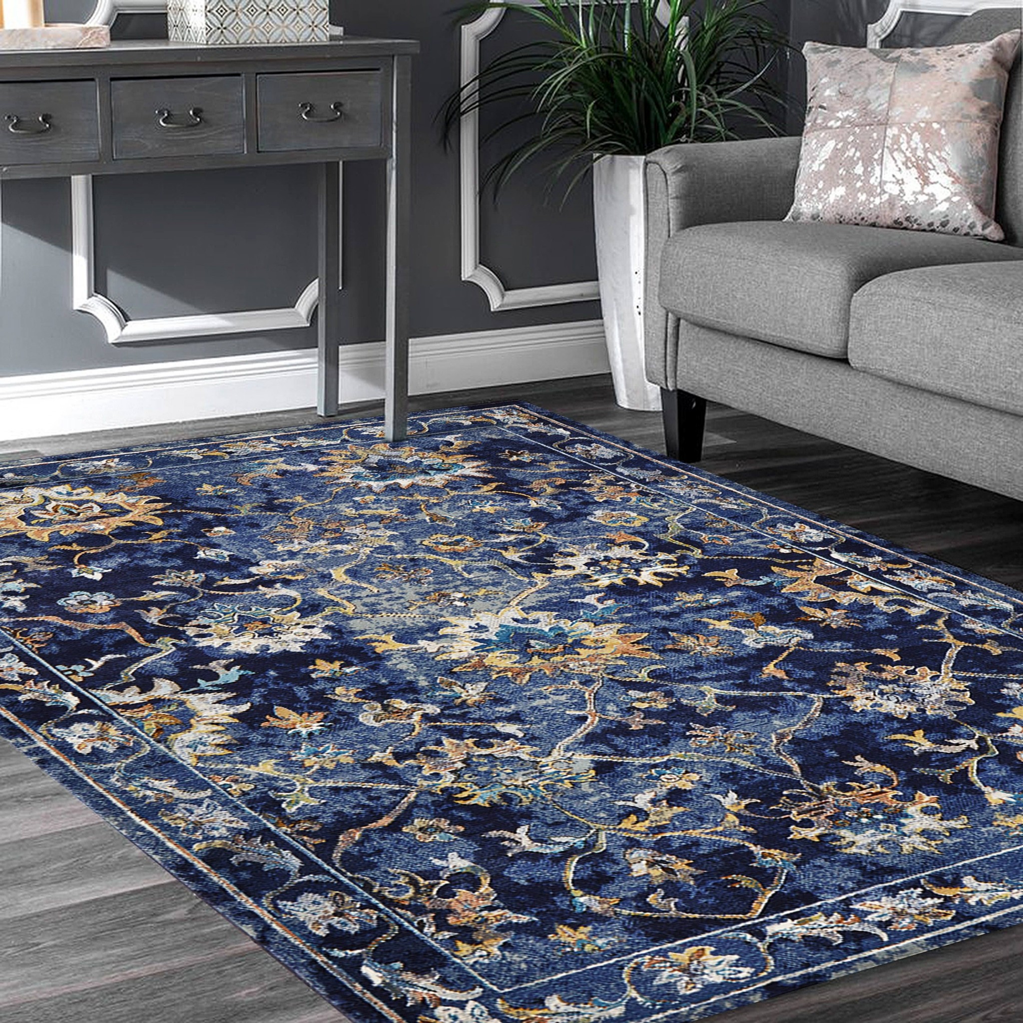 9" X 12" Blue Aqua and Gold Floral Distressed Area Rug