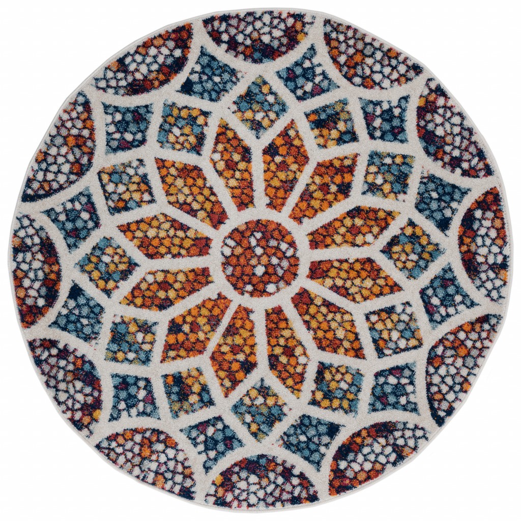 4’ Round Multicolored Floral Mosaic Area Rug-395861-1
