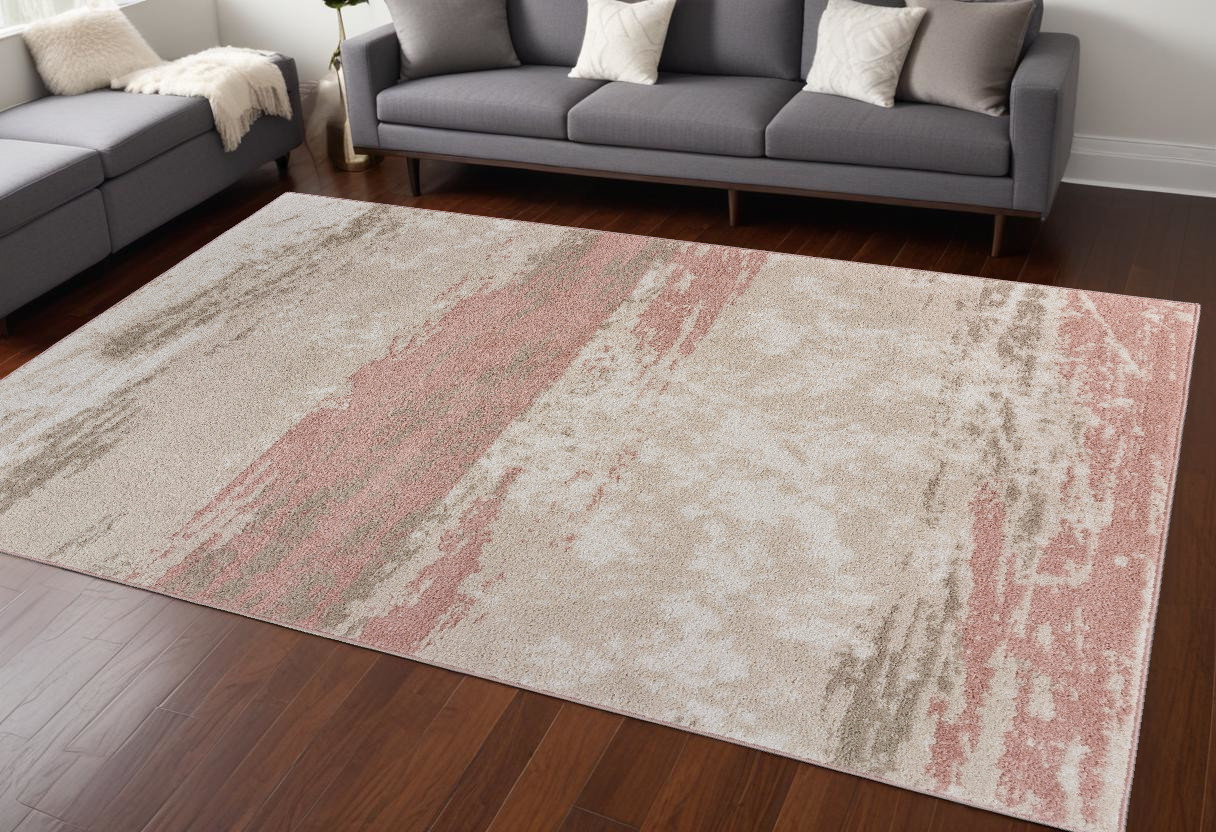 8' X 10' Ivory Beige and Blush Abstract Area Rug-395886-1