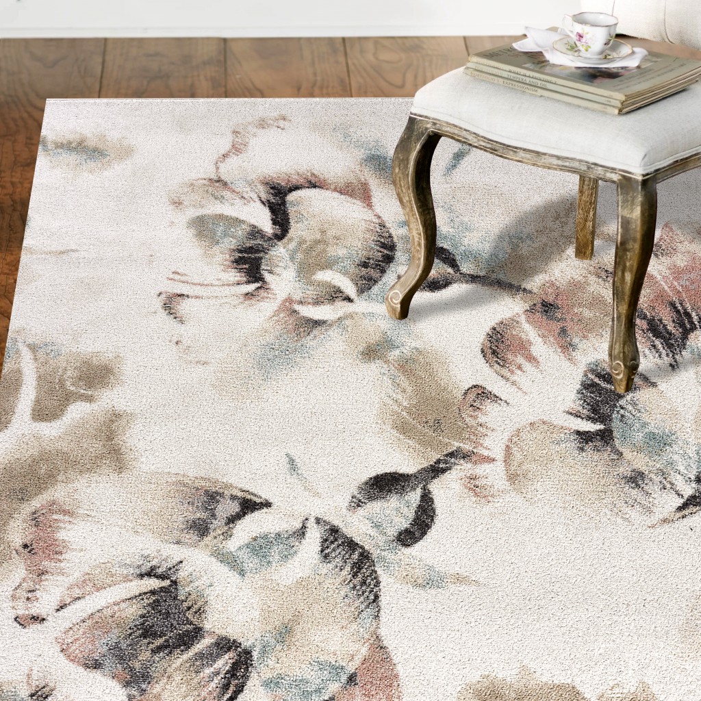 8" X 10" Ivory Soft Floral Artwork Area Rug