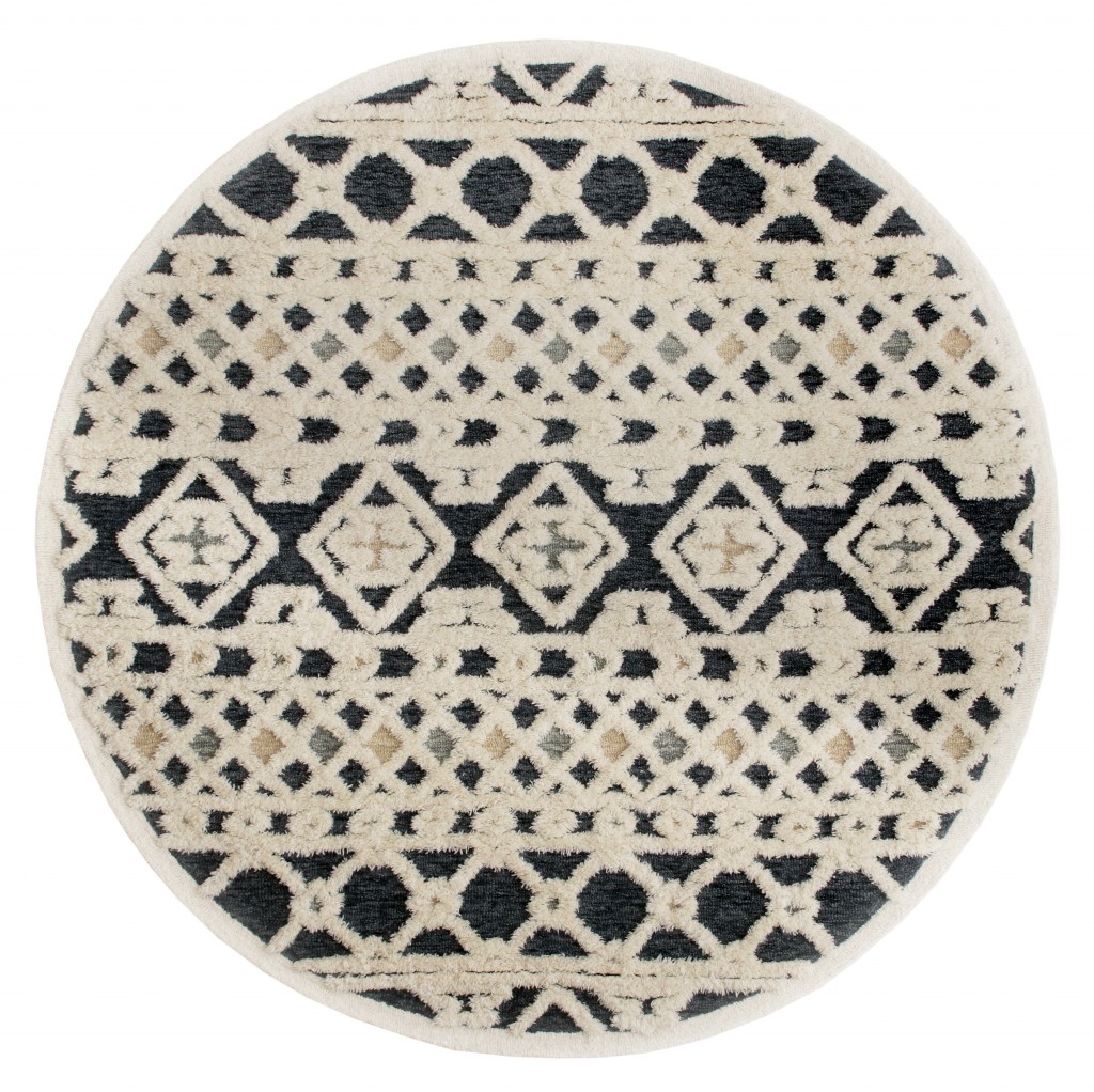 6' Blue And Ivory Round Wool Hand Tufted Area Rug-396181-1