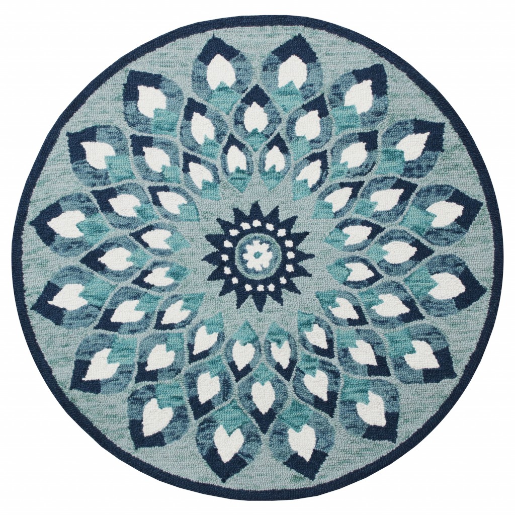 6' Blue And White Round Wool Hand Tufted Area Rug-396199-1
