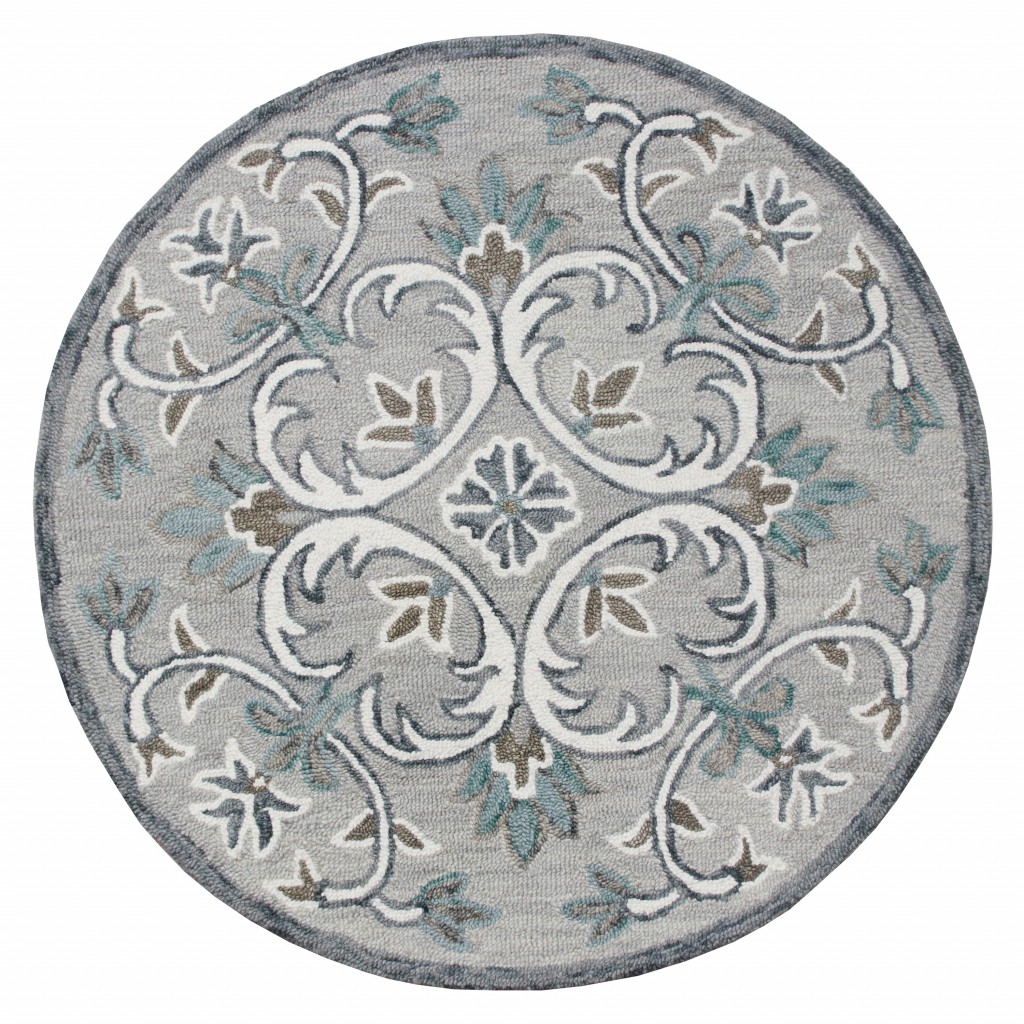 4’ Round Gray and White Filigree Area Rug-396200-1