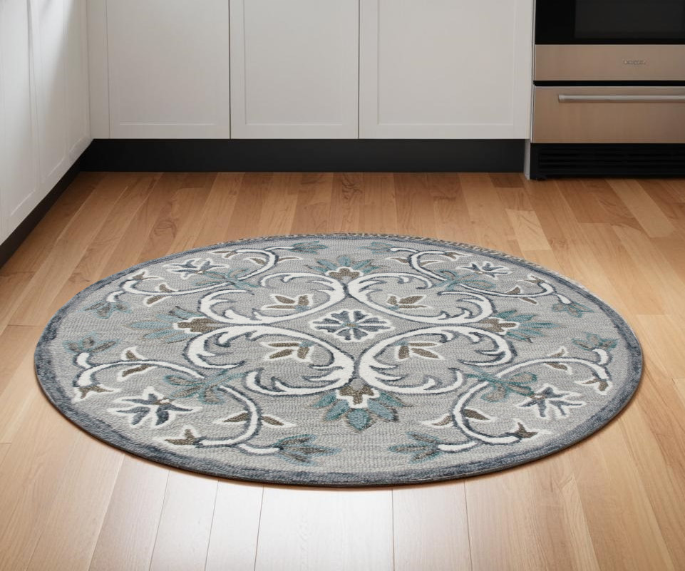 6' Round Gray and White Filigree Area Rug-396201-1