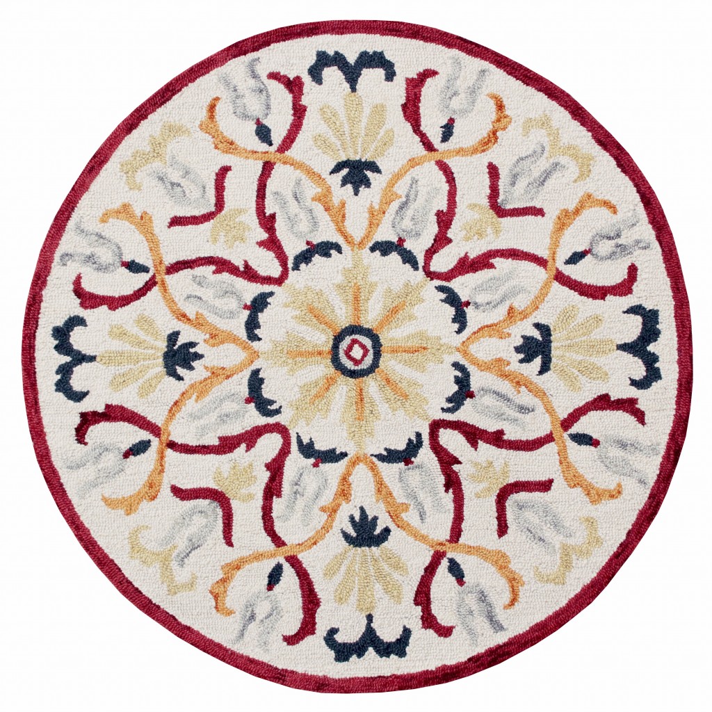 6' Red And Ivory Round Wool Hand Tufted Area Rug-396205-1