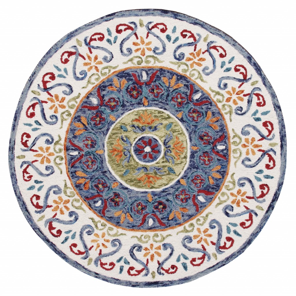 4’ Round Blue and White Ornate Medallion Area Rug-396206-1