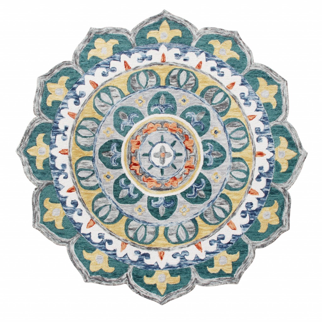 4’ Round Teal Floral Mandala Area Rug-396210-1