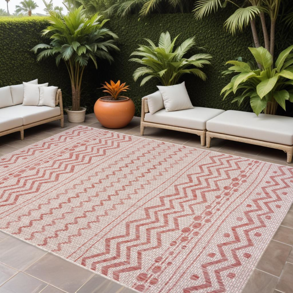 8' X 10' Beige And Red Chevron Indoor Outdoor Area Rug-396228-1