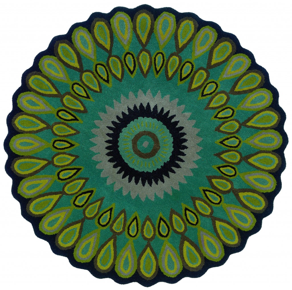 3’ Round Green Peacock Feather Area Rug-396246-1