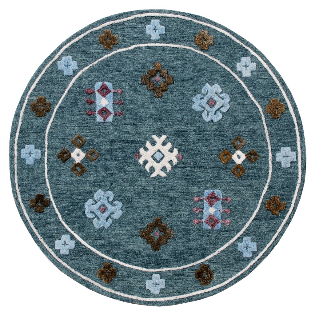 5' Blue Round Wool Hand Hooked Handmade Area Rug-396253-1