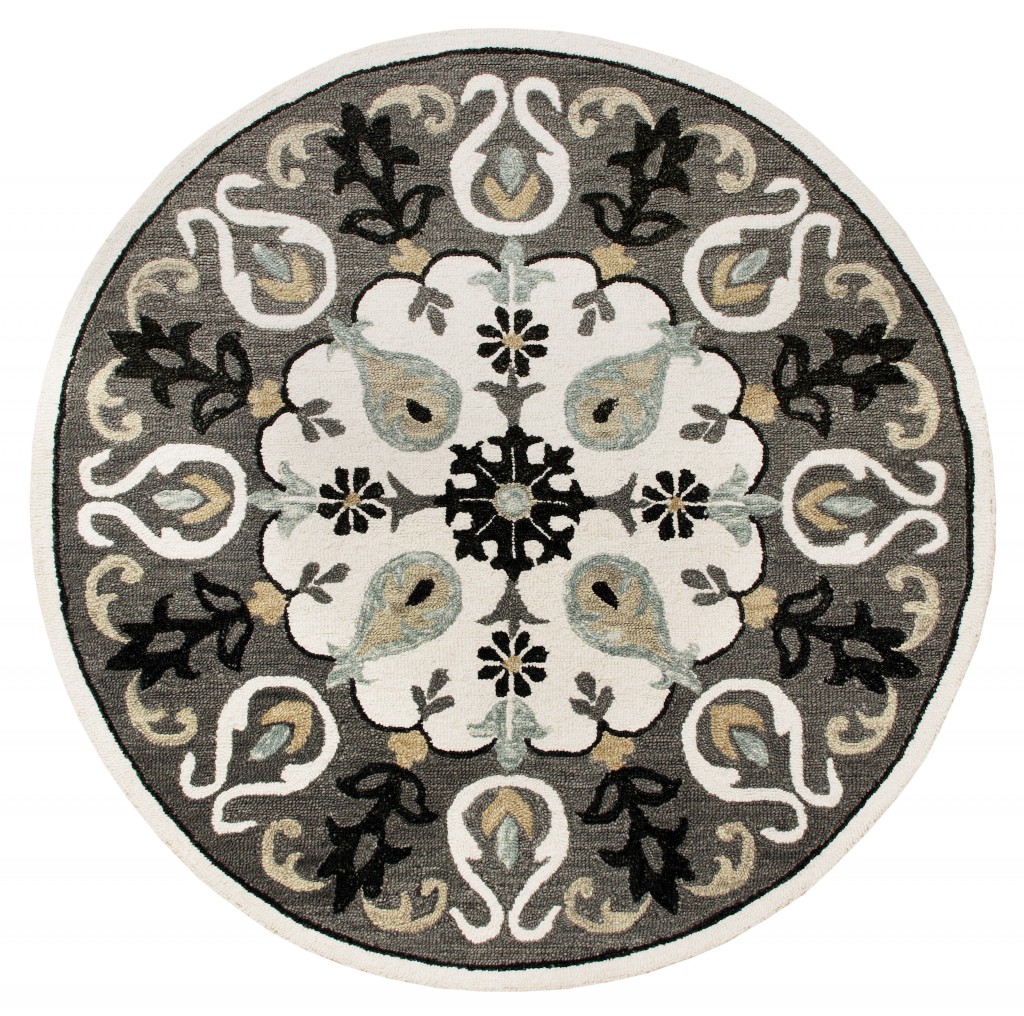 7' Gray Round Wool Hand Hooked Handmade Area Rug-396262-1
