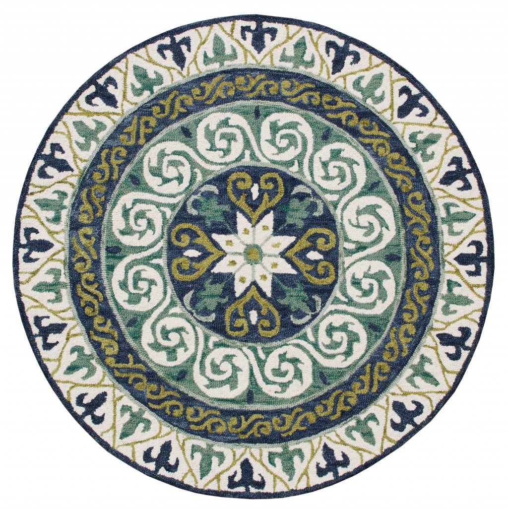 7’ Round Blue and Green Ornate Medallion Area Rug-396264-1