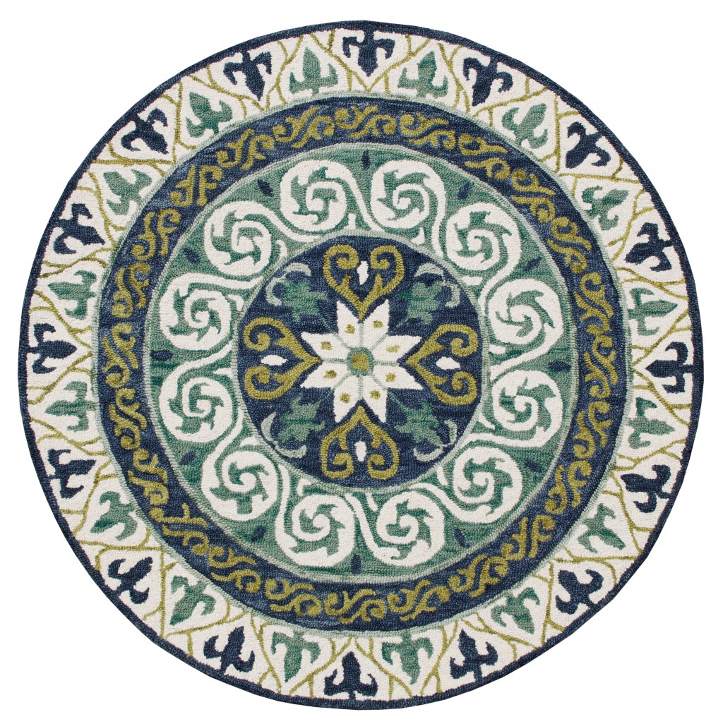 7' Round Blue and Green Ornate Medallion Area Rug-396264-1