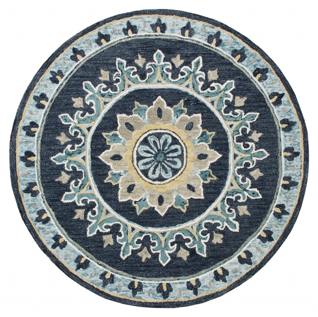 5’ Round Blue Floral Medallion Area Rug-396267-1