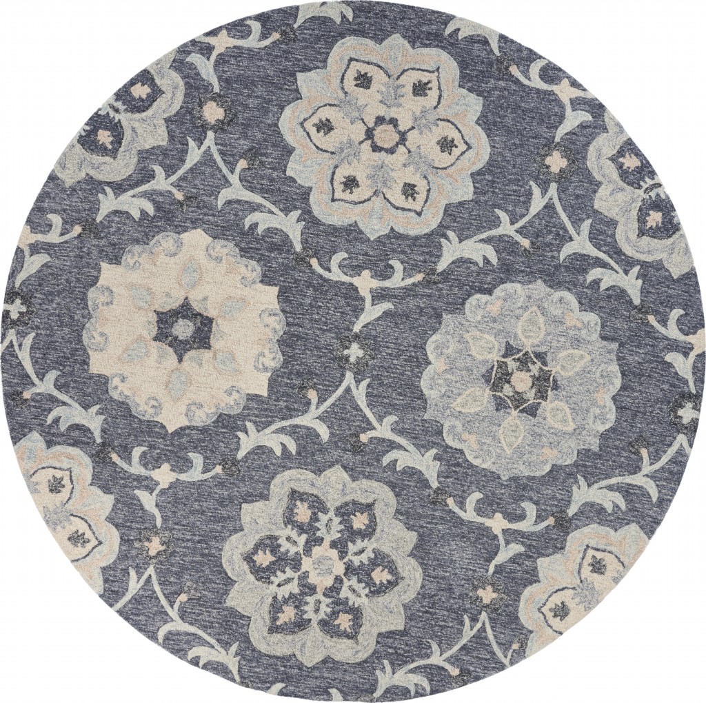 7' Blue And Gray Round Wool Hand Tufted Area Rug-396280-1