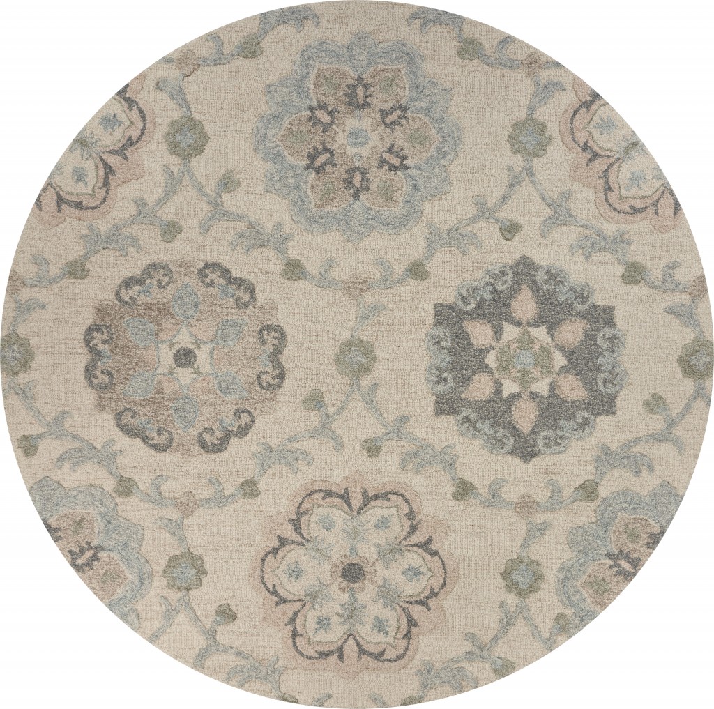 7' Blue And Ivory Round Wool Hand Tufted Area Rug-396288-1