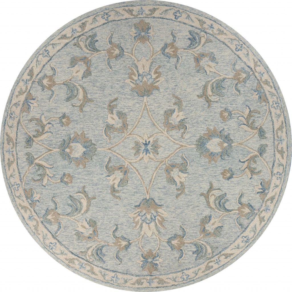7' Blue And Ivory Round Wool Hand Tufted Area Rug-396296-1