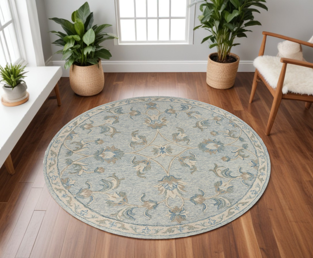 7' Blue And Ivory Round Wool Hand Tufted Area Rug-396296-1