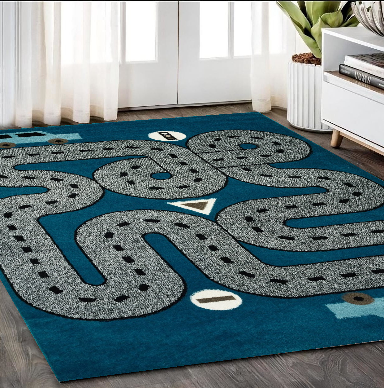 5" X 7" Navy Imaginative Racetrack Area Rug