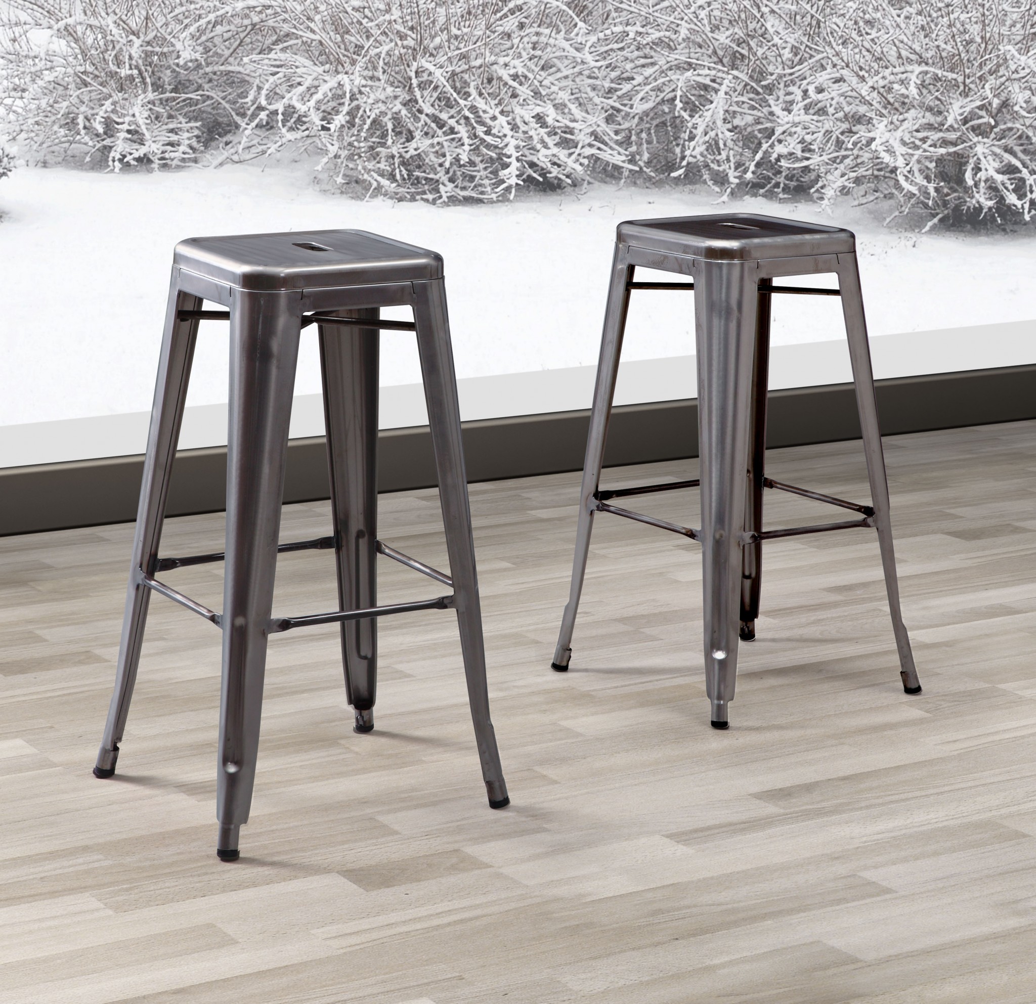 Set of Two Gray Steel Bar Stools