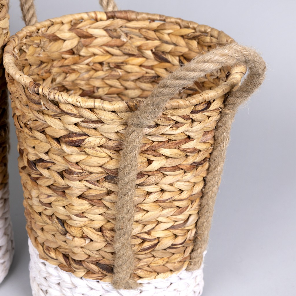 Set of Two Woven White and Natural Wicker Baskets