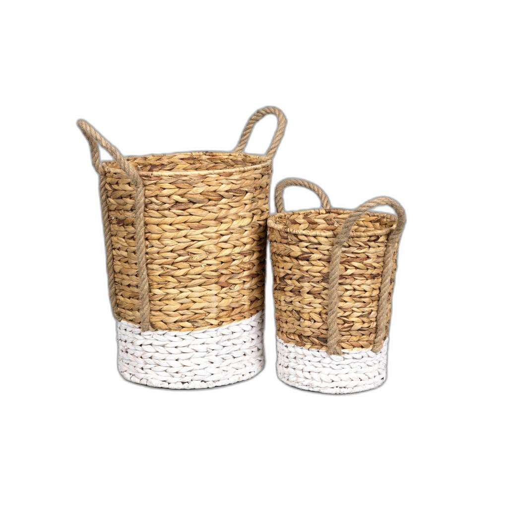 Set of Two Woven White and Natural Wicker Baskets