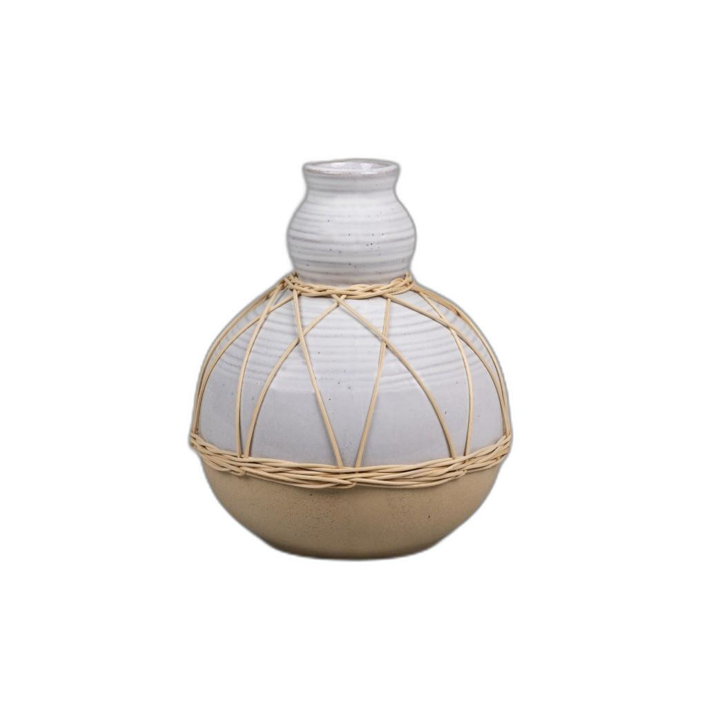 White Stone and Rattan Detail Wide Vase
