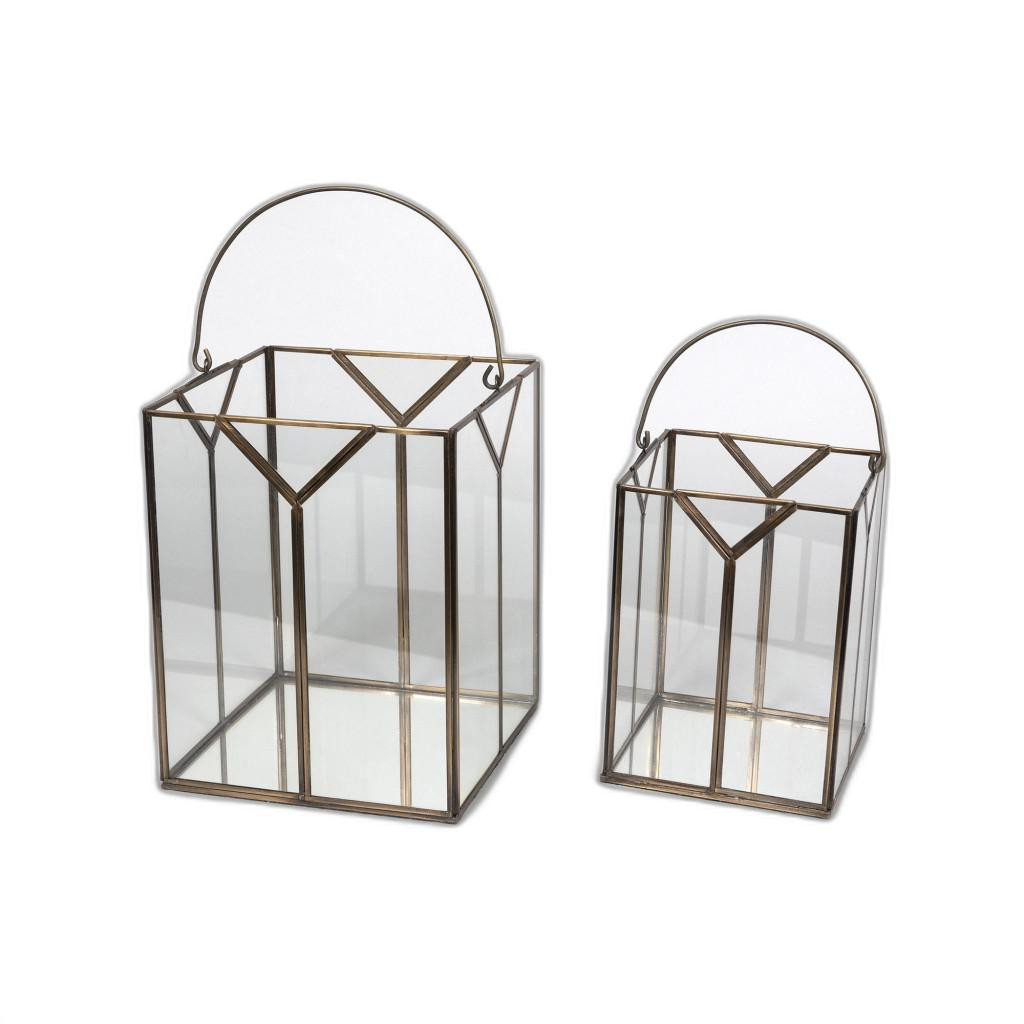 Set of Two Gold Metal and Glass Lanterns
