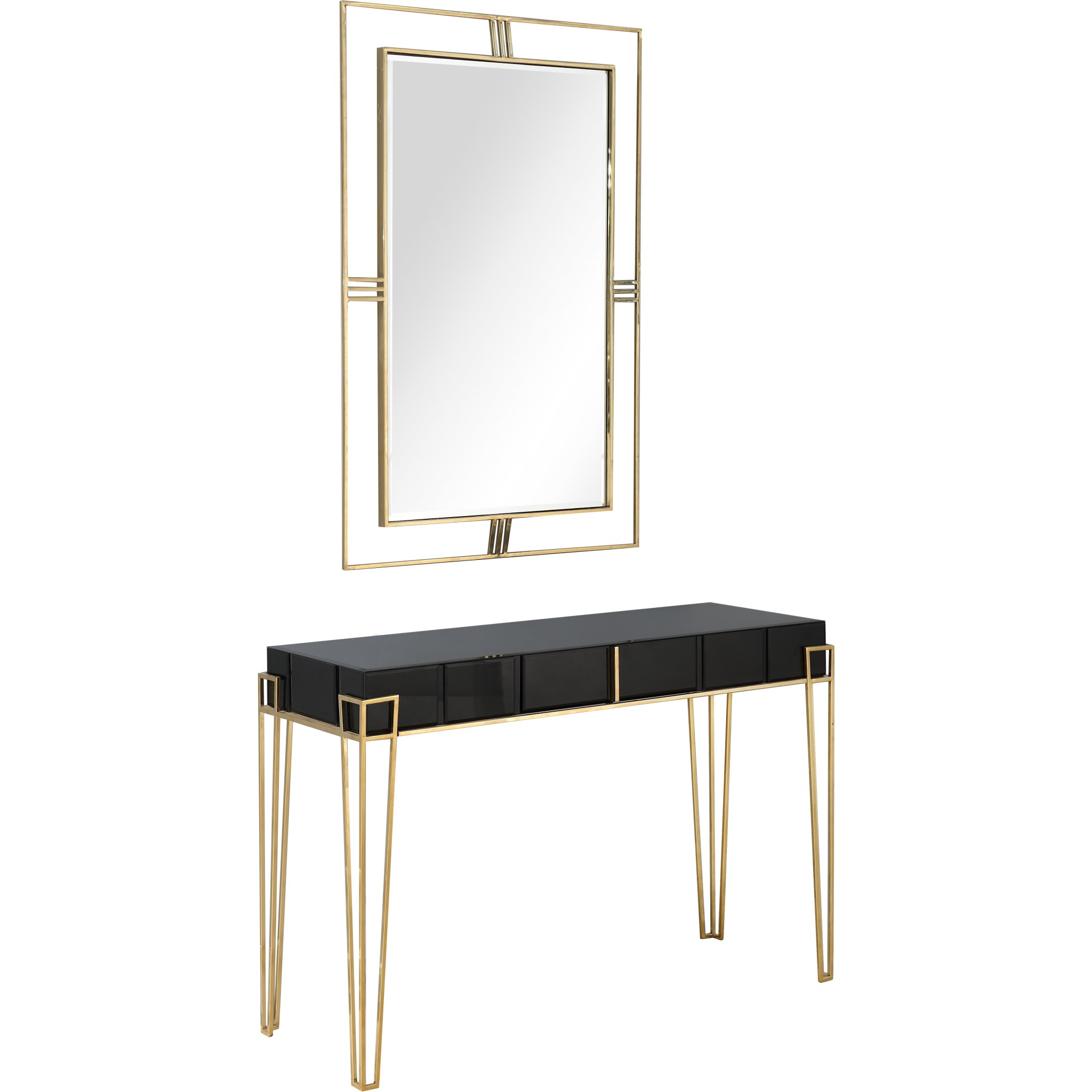 Modern Black and Gold Console Table and Mirror Set