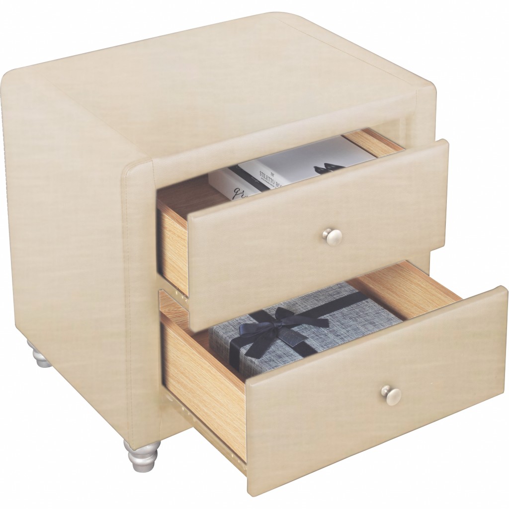 Beige Upholstered 2 Drawer Nightstand