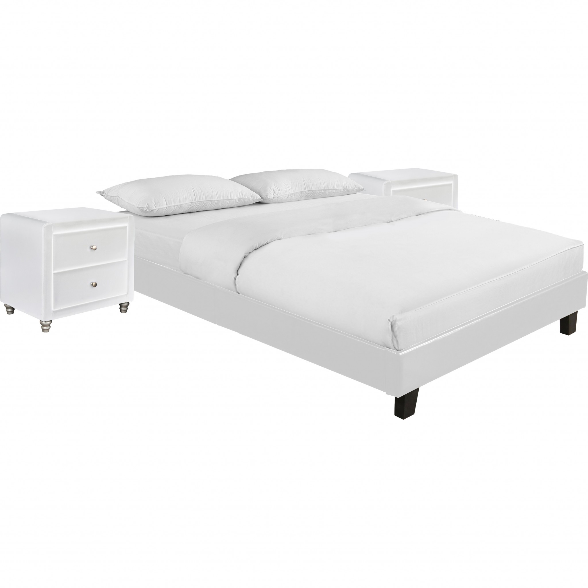 White Platform Queen Bed with Two Nightstands-397011-1